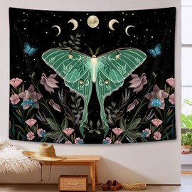 Drgilau Teal Luna Moth Tapestry Wall Hanging, Moon Phase Stars Cute Plants Butterfly Floral Botanical Nature Aesthetic Celestial Wall Tapestries for Bedroom Home Living Room Dorm