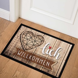 MoonWorks® Doormat with German Text "Herzlich Willkommen Herzlich Willkommen Herzlich Herz Natur" Wood Look Non-Slip & Washable Black 60 x