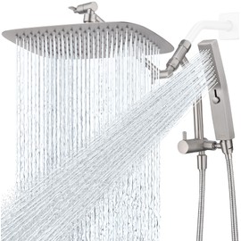 G-Promise All Metal 12 Inch Shower Head with Massage Mode Handheld, Rain Shower Head with Handheld Spray Combo, 3-Way Diverter with Pause Setting, 11 Inch Adjustable Extension Arm (Brushed Nickel)
