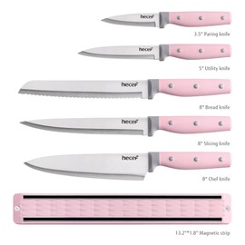 hecef Knife Magnetic Strip with 5-Piece Sharp Kitchen Knife Set, 33 cm Magnetic Knife Holder with Stainless Steel Knife Set, Magnet for Knives (Pink)