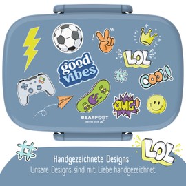 BEARFOOT Children's Lunch Box with Compartments, BPA-Free, Lunch Box, Bento Box, Lunch Box Girls & Boys, Snack Box, 100% Leak-Proof, Lunch Box for Nursery, School (Sticker Blue)