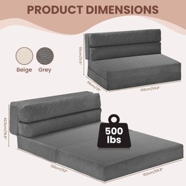 feliz home Folding Sofa Bed, Convertible Loveseat Sleeper Chair with Pillow, 2-in-1 Pull Out Floor Couch Mattress for Living Room, Corduroy Foldable Portable Bed for Bedroom Studio,Grey,Twin