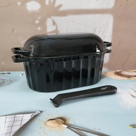 FANQIEW Dutch Oven Enameled Cast Iron Bread Pan with Lid Sourdough Loaf Pans for Baking Bread Large Heavy Oval Bread Dutch Oven with Movable Handle 4 Qt Black Dishwasher Safe