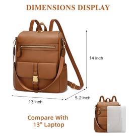 KKXIU Backpack Purse for Women - PU Leather Ladies Backpack for Daily with Anti-Theft Lock Pocket, Compact Daypack for Essentials with Large Capacity, 13x14x5.2 Inch (Brown)