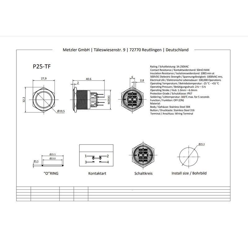 Metzler - Push Button 25mm - IP67 IK10 - Stainless