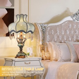 FIXCOR Tiffany European Table Lamps Victorian Desk Lamp American Retro Handmade Fabric Lampshade with Resin Lamp Body Bedside Nightlight Lamp for Bedroom Study Office Living Room