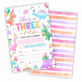 Watercolor Dinosaur Birthday Invitation- Cute Colourful Dino,Girl Three Rex Party- 20 Double-Sided Fill In Style Invitation Cards With Envelopes For Girls Teens- Party Favor & Decorations- C07