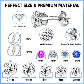 Zygc 58 Pcs Professional Ear Piercing Kit with 20 Pairs of Silver Cubic Zirconia Diamond Ear Stud Earrings Hoop Earrings with Multi Purpose Black Reusable Ear Piercing Gun for Salon and Home Piercings