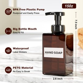 Kzeirm Foaming Soap Dispenser, Amber Foam Soap Dispenser, Refillable Foaming Hand Soap Dispenser, Set of 2 Foam Pump Bottle, Brown Foam Dispenser Bottles with Black Pump, Empty Foamer Pump Bottle
