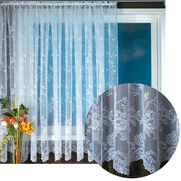 Curtain Jacquard Universal Ribbon Lace Look Curtain Floral Pattern White,