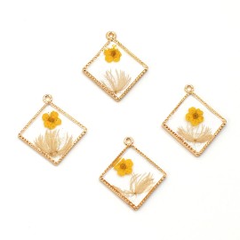 4PCS Gold Tone Real Dry Flower Resin Diamond Shape Charm Pendant Supply GBY509