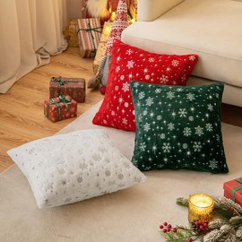 MIULEE Set of 2 Christmas Decorative Throw Pillow Covers Soft Faux Fur Winter Pillow Covers with Silver Snowflake Glitter Holiday Festival Pillowcases for Couch Sofa Bed, 18×18inch, Dark Green