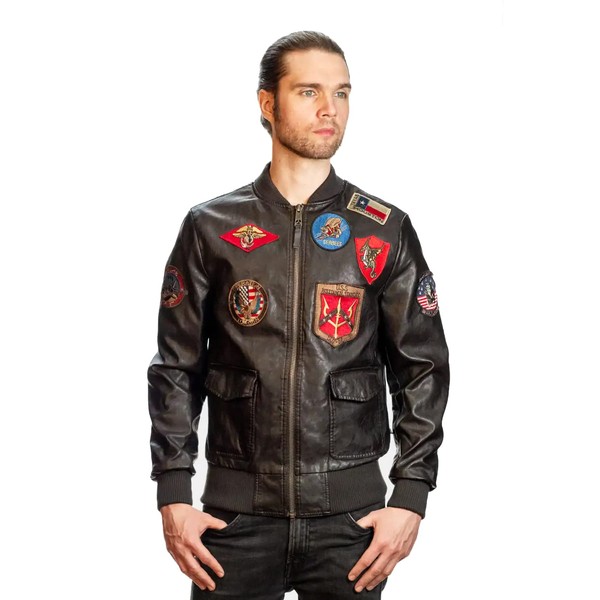 Top Gun® Men’s Vegan Leather Bomber Jacket with Patches (Dark
