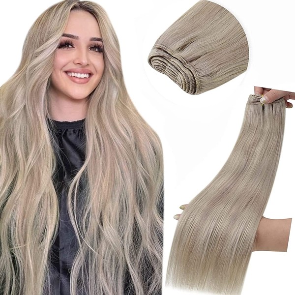LaaVoo Weft Hair Extensions, Hignlights, Blonde, 100 g, Sew in, Real Hair Wefts, Human Hair, Straight, 40 cm, Natural, #P19/60 Dark Ash Blonde, Highlighted, Platinum Blonde