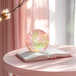 Valentines Day Iridescent Pink Crackle Globe Desk Night Light, Steay on and Twinkle Light with 6 Hour Timer, Battery Operated Lighted Glass Orb, 4.7 Inches, Tabletop Decor Mothers Day, Gift for Love