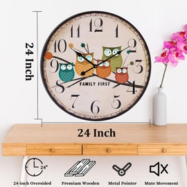 24 Inch Wooden Cute Wall Clocks,Large Vintage Silent Wall Clock With Five Little Owls,Battery Operated Retro Non-ticking Wall Clock for Kid's Room Living Room Kitchen Bedroom School Home Decorative