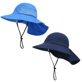 Winzik Toddler Sun Hat, Baby Boys Girls Wide Brim Beach 2-Pack Hats with Neck Flap Kids UPF 50+ Summer Caps (1-3T, 2-Pack Blue Dark Blue)