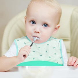 GAJIGAJI Waterproof Baby Bib with Silicone Food Catcher Pocket, Adjustable Feeding Bib Fit for 6-24 Month Toddlers (Leaves Green)