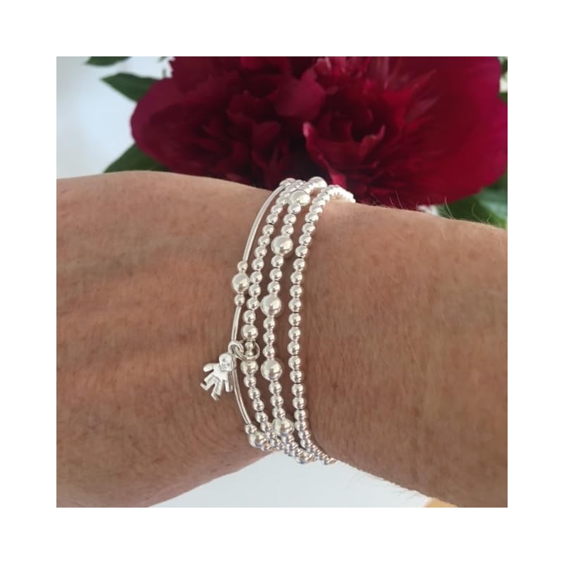 Sterling Silver 925 Beaded Stretch Boy Charm Bracelet