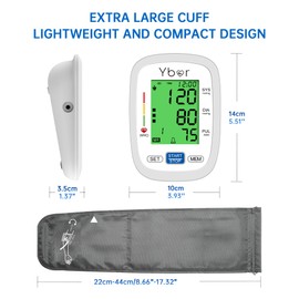 Ybor Blood Pressure Monitor for Home Use, Digital Upper Arm Blood Pressure Machine with 2x99 Memory Large Backlit Screen Display,Automatic Bp Machine Monitor with Large Cuff 22-44cm-White
