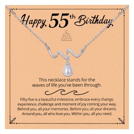 55th Birthday Gifts for Her, Wave Necklace for 55 Year Old Women, Happy 55th Birthday Pearl Necklace for Mom Wife Sister Dughter and Female Friend, Turning 55 Milestone Gift