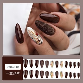 Fall Almond Fake Nails Medium Press on Nails Brown Acrylic Nails Glitter Wheat Ears Glue on Nails Autumn Nails Press ons Solid Color Press on Nails Thanksgiving Stick on Nails for Women Manicure