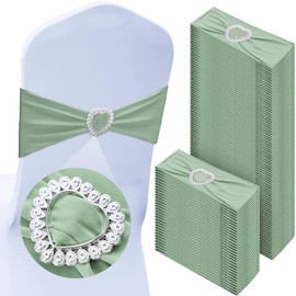 VitalCozy 100 Pcs Spandex Chair Sashes with Heart Shaped Buckle Slider Stretch Chair Cover Band Universal Elastic Ties for Wedding Banquet Event Party Decoration(Sage Green)