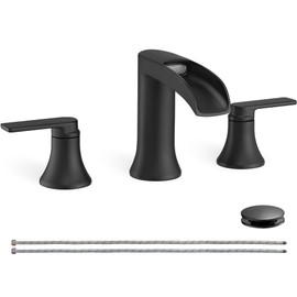 HOIGY Matte Black Widespread Bathroom Sink Faucet 3 Hole, 8 Inch Waterfall Faucet for Bathroom Sink with Pop-Up Drain and cUPC Supply Lines, 2 Handles for Vanity Lavatory Restroom, Brass Material