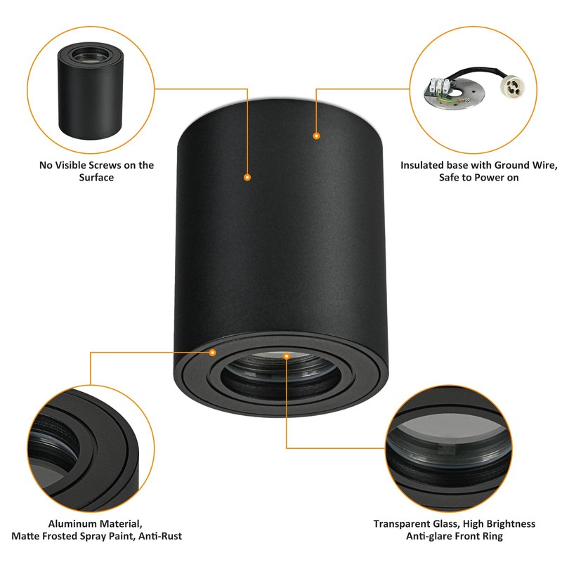 Gleonlux Ceiling Spotlight, Surface-Mounted Spotlight, IP44 Black, GU10 Surface-Mounted Spotlights,