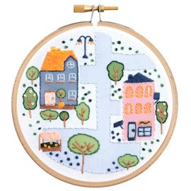 Hawthorn Handmade Town Houses Mini Embroidery Kit - Embroidery Kit for Beginners, with Embroidery Fabric, Cotton Thread, Embroidery Hoop, Embroidery Needle & Instructions - DIY Crafts for Adults