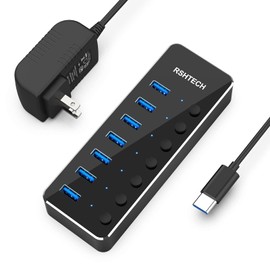 Hub USB alimentado RSHTECH tipo C a 7 puertos USB 3.0 puerto de datos divisor portátil de aluminio con adaptador universal de CA de 5 V e interruptores individuales de encendido/apagado para laptop y PC (negro)