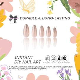 Christmas Press on Nails Medium Almond MABKJLF Nude Fake Nails False Nails with Snowflake Golden Glitter Gradient Designs Glossy Glue on Nails Xmas Acrylic Nails for Women Girls 24 Pcs