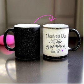 Zaubertasse "Willst Du mit mir zusammen sein?" - Farbwechseltasse mit Glitzerpartikeln - Magic-Thermo-Effekt