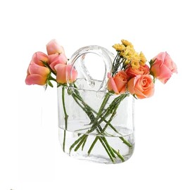 Tomnk Glass Purse Vase for Flowers, Clear Bag Vases with Handle, Unique Cute Handbag Shape Decorative Flower Vases with Fish Bowl for Centerpieces Home Table Shelf Decor Birthday Gift