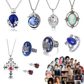 Zaky 35 Piece Vampire Diaries by Katherine Pierce and Cameo Pendant Necklace by Elena Gilbert and Earrings and Family Crest Ring Esther's Secret Sticker Set, Zinc, No Gemstone