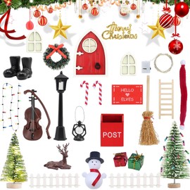 Mein HERZ Gnome Door Set, 28 Pieces Christmas Gnome Door Accessories, Christmas Decoration Christmas Gnome Set for Children, Gnome Decoration, Wooden Miniature with Light, Children's Room Decoration