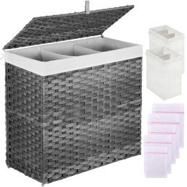 Greenstell Laundry Hamper with Lid, 125L Large Clothes Hamper with 3 Section & 2 Section Removable Liner Bags & 5 Mesh Laundry Bags, Handwoven Synthetic Rattan Divided Laundry Basket, Gray