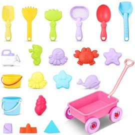 Foilswirl Beach Toys Wagon Set 21 Sand Toys Bucket Watering Can Shovels Rakes and Molds Sand Toys, Plastic Water Wheel Beach Tool Kit Outdoor Beach Garden Toys Tool for Kids Toddlers Boys and Girls