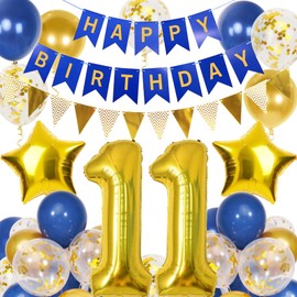 11th Birthday Decorations Boys, Navy Blue Gold Balloons and Happy Birthday Banner, 40 Inch Number 11 Foil Birthday Balloons with Birthday Bunting, for Boys Girls Birthday Decoration