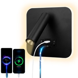 uksunvi LED Reading Lamp Wall Lamp USB Type-C Two Charging Mouth Switch Adjustable 12 W LED Spotlight 3000 K Wall Reading Lamp Aluminium Bed Lamp Rotatable (Square Black)