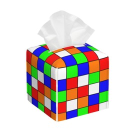Colorful Checkerboard Tissue Box Cover Square, Waterproof Leather Tissue Box Holder Portable Dispenser Modern Home Decoration for Bathroom Car Nightstand Vanity