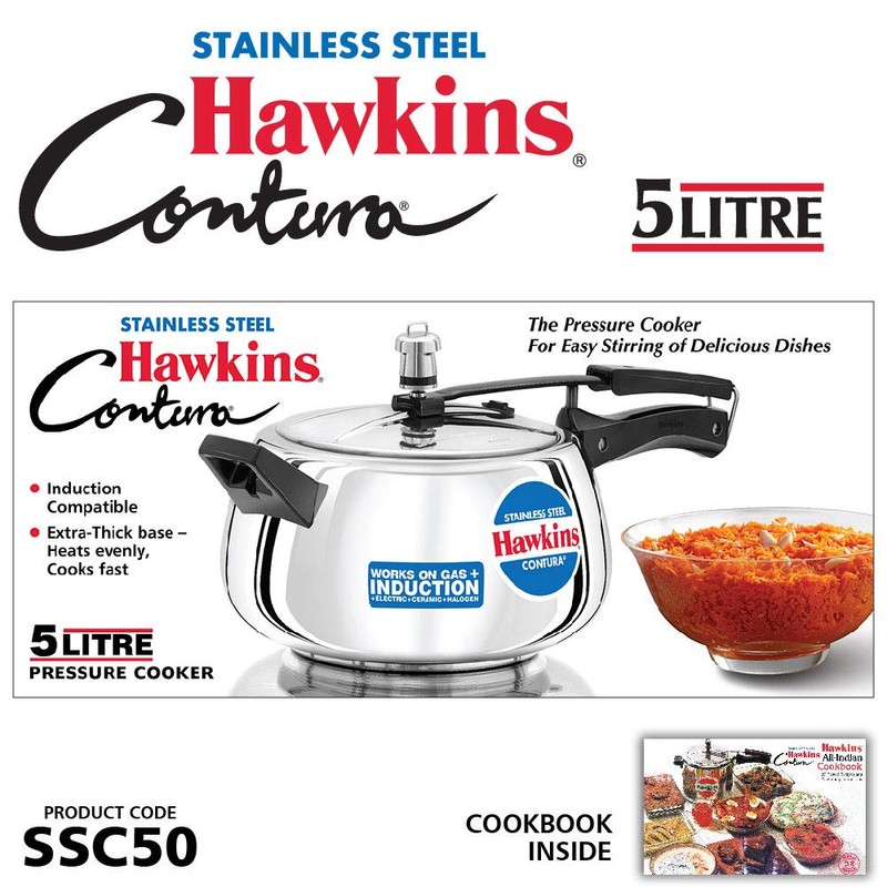 Hawkins 5 Litre Contura Pressure Cooker, Stainless Steel Inner Lid