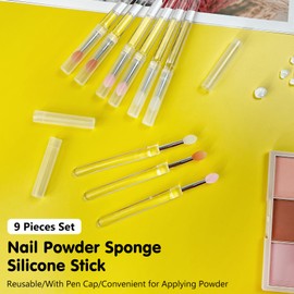 Zoolinn Silicone Tip Nail Art Tools with Covers, Nail Powder Applicator Brushes Set of 9PCS, Reusable Brushes for Lip & Eyeshadow Makeup