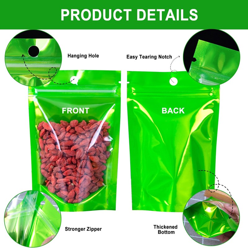 SixWeKit Green Smell Proof Mylar Bags 100 Pack, Stand Up
