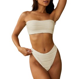 ZAFUL Women 2 Piece Bandeau Swimsuits Ribbed Lace up Strapless Bandeau Bikini Set High Cut Bathing Suits (1-Beige, S)