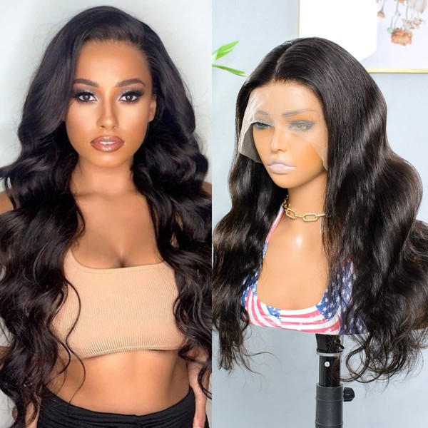 Ghair Real Hair Wig, Body Wave Lace Front Wigs, 13 x 4 Human Hair Wig, 100% Brazilian Real Hair, 180% Density, Women's Pre Plucked with Baby Hair, Glueless Wigs, Natural Black Colour, 20 Inches (51