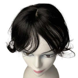 AYunhe Curly Wave Clip in Human Hair Bangs with 3D Fringe, Lace Human Hair Toppers for Women Side Parting Short Wavy Hairpieces Extensions 10 inch (Black+Short Curly)