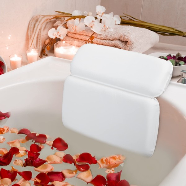 HOUT® Bath Pillow | Bath Accessories & Bath Pillow with 7 Suction Cups | Spa Pillow & Bath Accessories | Luxury Bathroom Accessories for Whirlpool, Bathtubs and Spa (White)