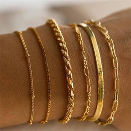 Cybche Boho Layered Paper Clip Bracelet Gold Rope Chain Bracelets Snake Herringbone Bracelet Minimalist Chains Bracelet Chain Stretch Bracelet Jewelry for Women