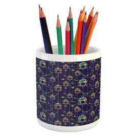 Lunarable Oriental Pencil Pen Holder, Traditional Composition with Eastern Crescent Moon Stars Colorful on Indigo Back, Ceramic Pencil Holder for Desk Office Accessory, 3.6" X 3.2", Multicolor